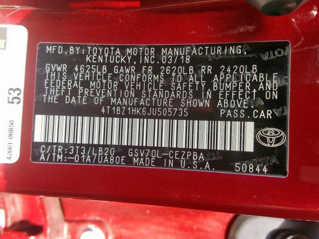 4T1BZ1HK6JU505735 - 2018 TOYOTA CAMRY XSE RED photo 10