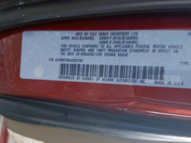 4S3BH675047625744 - 2004 SUBARU LEGACY OUT RED photo 10