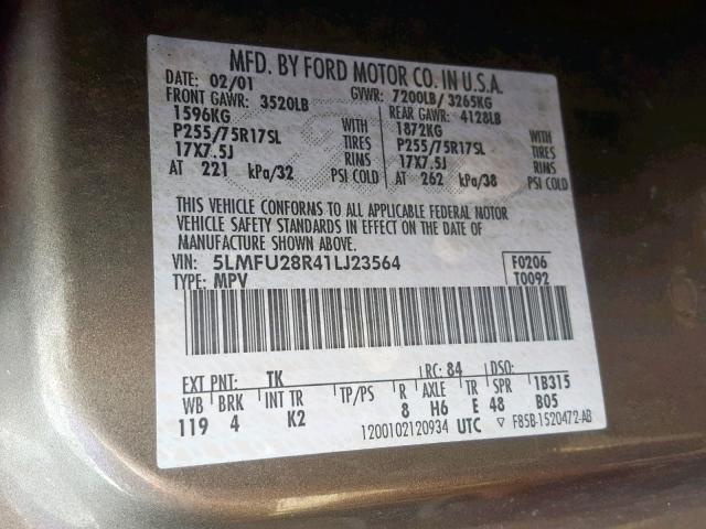 5LMFU28R41LJ23564 - 2001 LINCOLN NAVIGATOR رمادي صورة 10