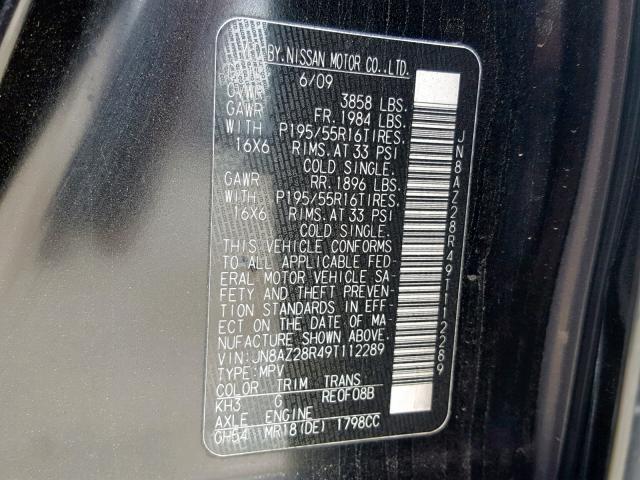 JN8AZ28R49T112289 - 2009 NISSAN CUBE BASE BLACK photo 10