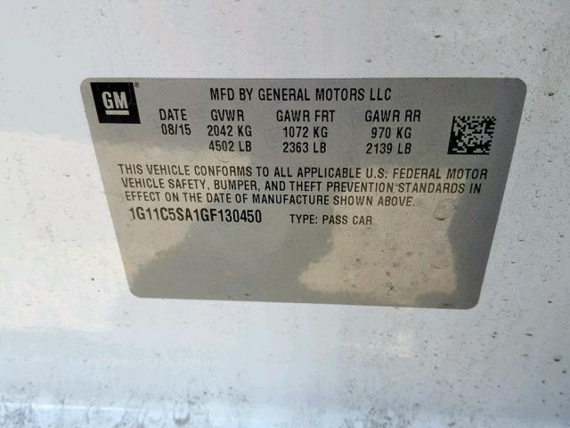 1G11C5SA1GF130450 - 2016 CHEVROLET MALIBU LIM 白色 照片 10