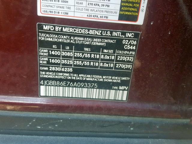 4JGBB86E76A093375 - 2006 MERCEDES-BENZ ML 350 MAROON photo 10