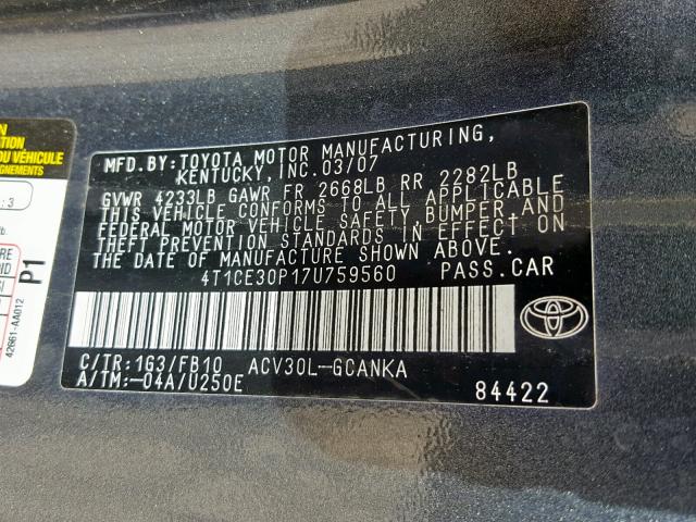 4T1CE30P17U759560 - 2007 TOYOTA CAMRY SOLARA SE  photo 10