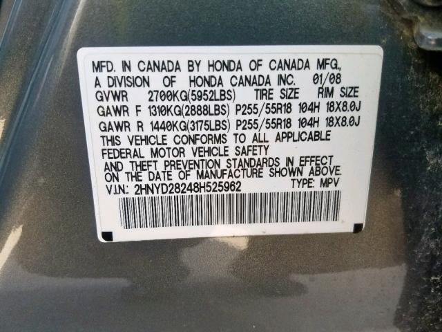 2HNYD28248H525962 - 2008 ACURA MDX GOLD photo 10