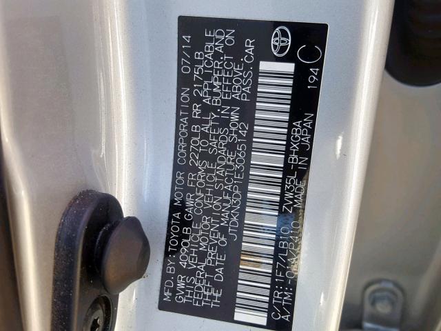 JTDKN3DP1E3065142 - 2014 TOYOTA PRIUS PLUG SILVER photo 10