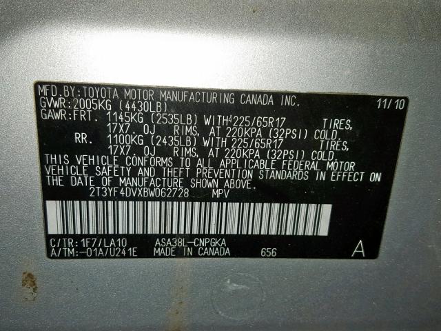 2T3YF4DVXBW062728 - 2011 TOYOTA RAV4 LIMIT SILVER photo 10