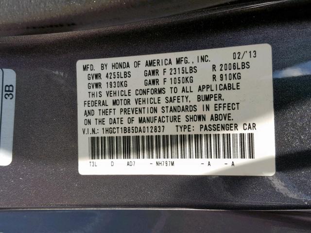 1HGCT1B85DA012837 - 2013 HONDA ACCORD EXL GRAY photo 10