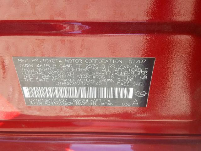 JTHCK262372014211 - 2007 LEXUS IS 250 RED photo 10