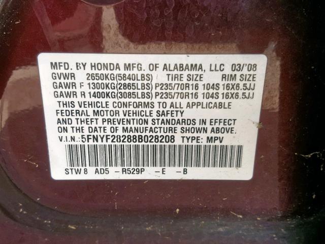 5FNYF28288B028208 - 2008 HONDA PILOT VP MAROON photo 10