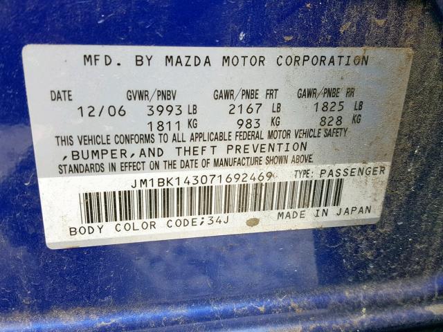 JM1BK143071692469 - 2007 MAZDA 3 HATCHBAC BLUE photo 10