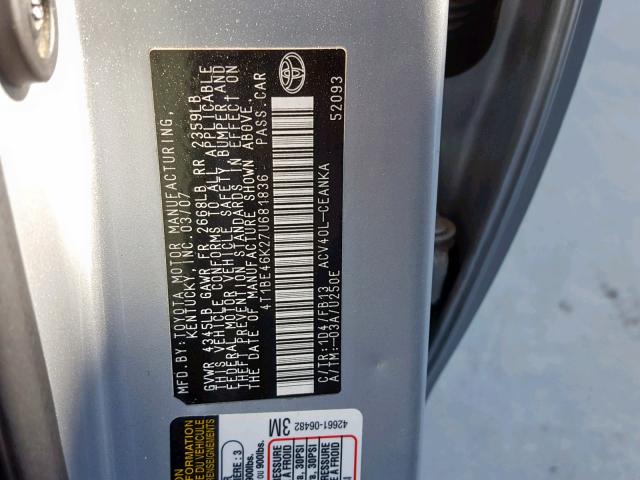 4T1BE46K27U681836 - 2007 TOYOTA CAMRY NEW SILVER photo 10