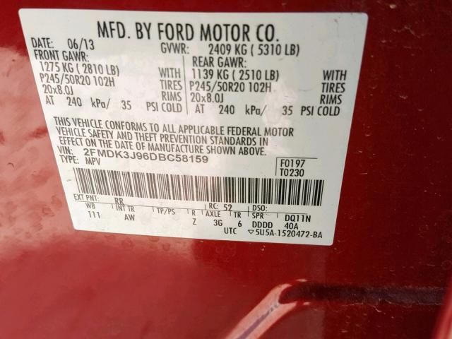 2FMDK3J96DBC58159 - 2013 FORD EDGE SEL RED photo 10