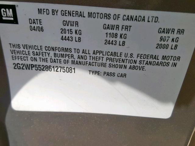 2G2WP552861275081 - 2006 PONTIAC GRAND PRIX GOLD photo 10