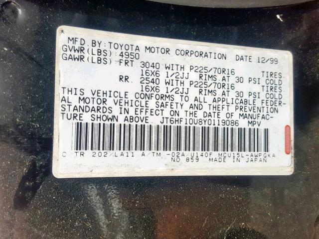 JT6HF10U8Y0119086 - 2000 LEXUS RX 300 BLACK photo 10