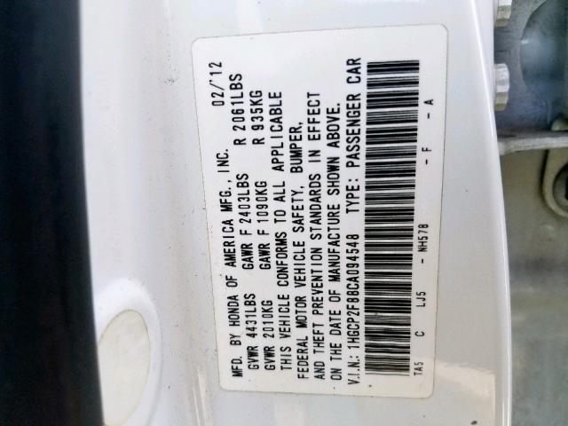 1HGCP2F88CA094548 - 2012 HONDA ACCORD EXL WHITE photo 10