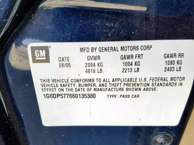 1G6DP577660135380 - 2006 CADILLAC CTS HI FEA BLUE photo 10