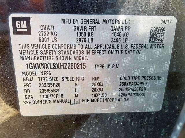 1GKKNXLSXHZ280215 - 2017 GMC ACADIA DEN BLACK photo 10