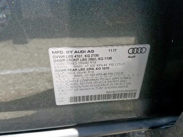 WA1BCCFS5JR020035 - 2018 AUDI Q3 PREMIUM GRAY photo 10