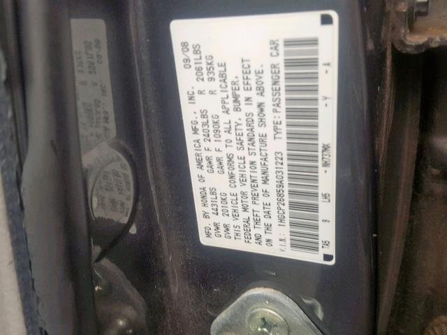 1HGCP26859A031223 - 2009 HONDA ACCORD EXL GRAY photo 10