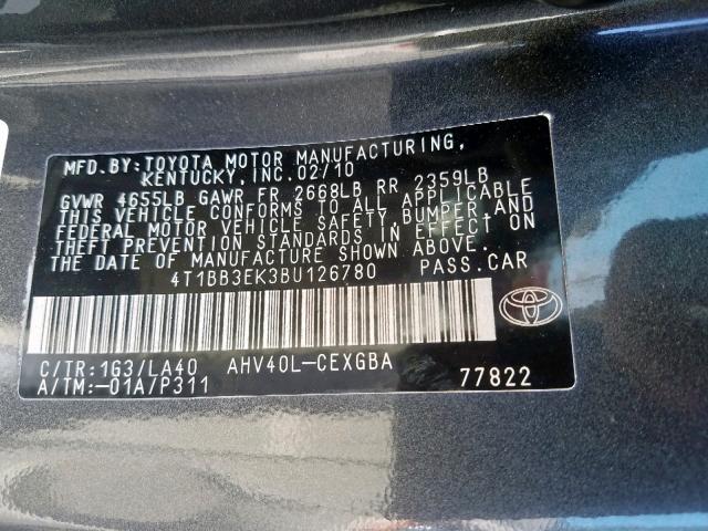 4T1BB3EK3BU126780 - 2011 TOYOTA CAMRY HYBR CHARCOAL photo 10