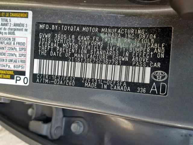 2T1BY30E75C367781 - 2005 TOYOTA COROLLA XR GRAY photo 10