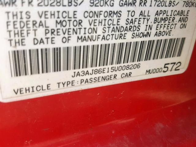 JA3AJ86E15U008206 - 2005 MITSUBISHI LANCER OZ RED photo 10