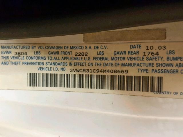 3VWCR31C94M408669 - 2004 VOLKSWAGEN NEW BEETLE Ağ foto 10