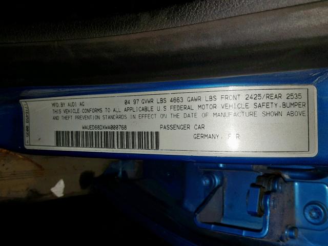 WAUED68DXWA000768 - 1998 AUDI A4 2.8 QUA BLUE photo 10