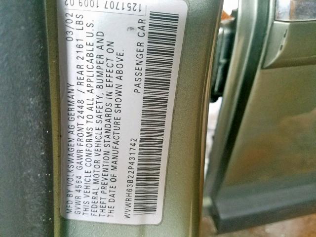 WVWRH63B22P431742 - 2002 VOLKSWAGEN PASSAT GLX 绿色 照片 10