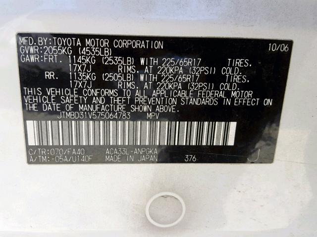 JTMBD31V575064783 - 2007 TOYOTA RAV4 LIMIT WHITE photo 10