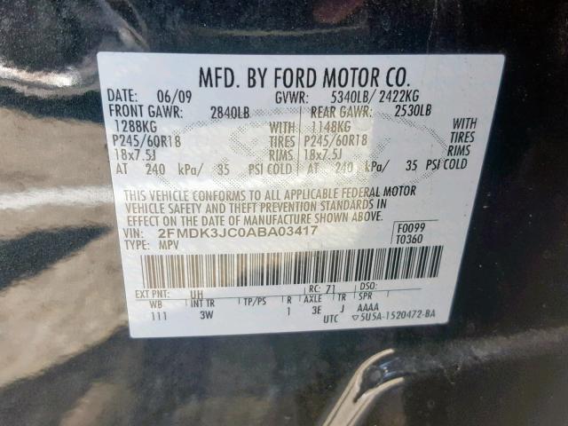 2FMDK3JC0ABA03417 - 2010 FORD EDGE SEL BLACK photo 10