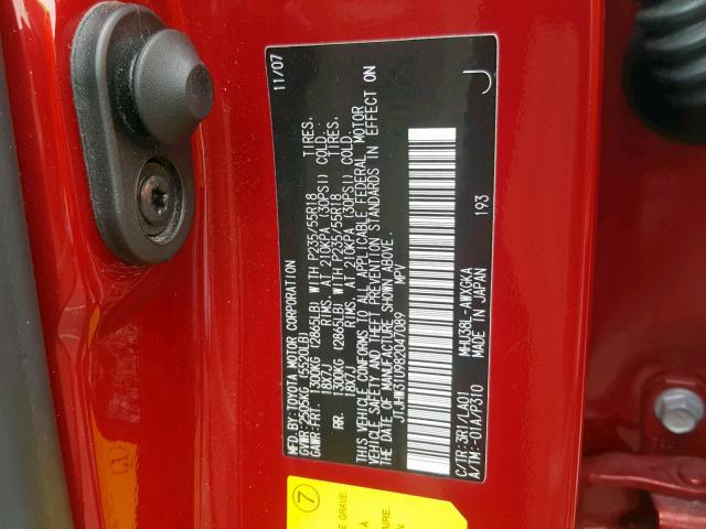 JTJHW31U982047089 - 2008 LEXUS RX 400H RED photo 10