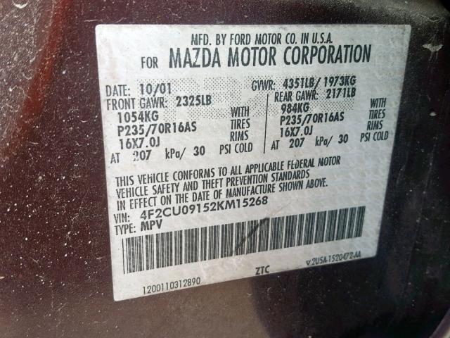 4F2CU09152KM15268 - 2002 MAZDA TRIBUTE LX GRAY photo 10