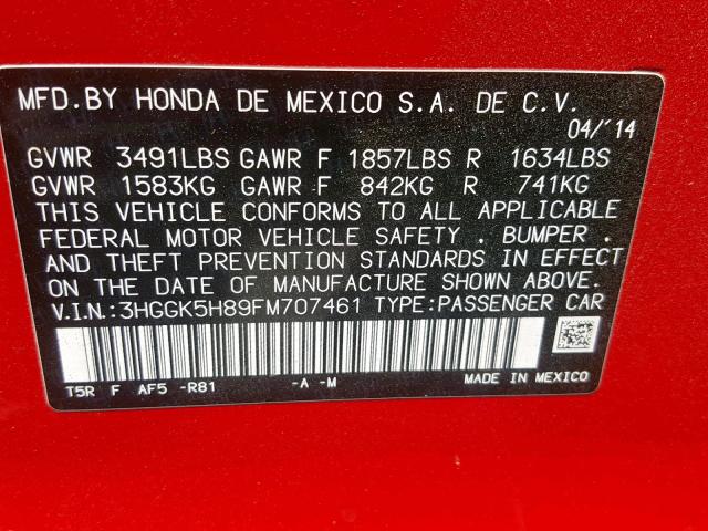 3HGGK5H89FM707461 - 2015 HONDA FIT EX RED photo 10