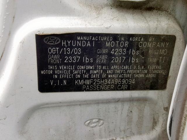 KMHWF25H34A969094 - 2004 HYUNDAI SONATA GL WHITE photo 10