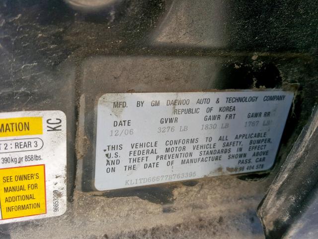 KL1TD66677B763395 - 2007 CHEVROLET AVEO BASE Қара фото 10