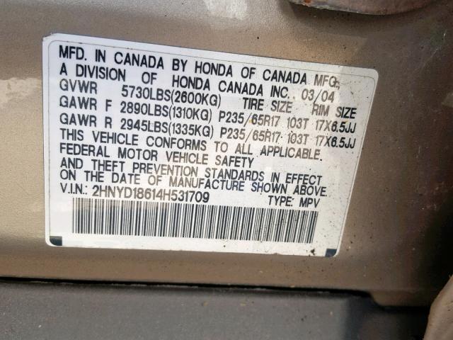 2HNYD18614H531709 - 2004 ACURA MDX TOURIN TAN photo 10