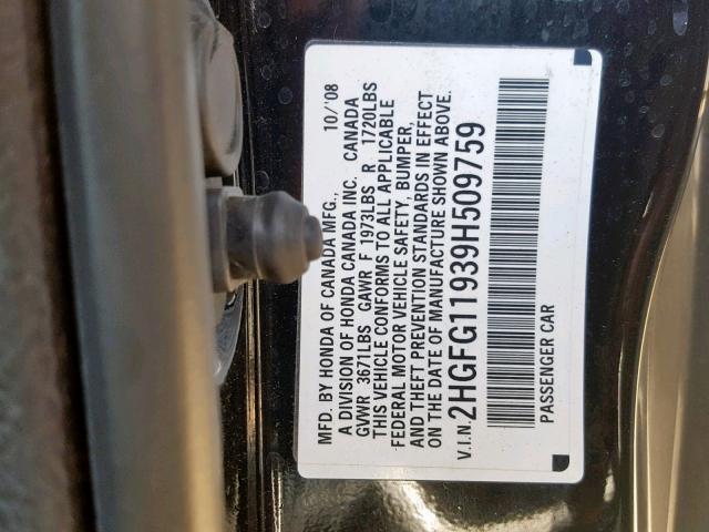 2HGFG11939H509759 - 2009 HONDA CIVIC EXL BLACK photo 10