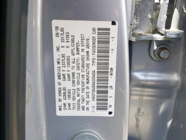 1HGCP26489A005454 - 2009 HONDA ACCORD LXP SILVER photo 10