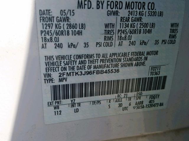 2FMTK3J96FBB45536 - 2015 FORD EDGE SEL WHITE photo 10