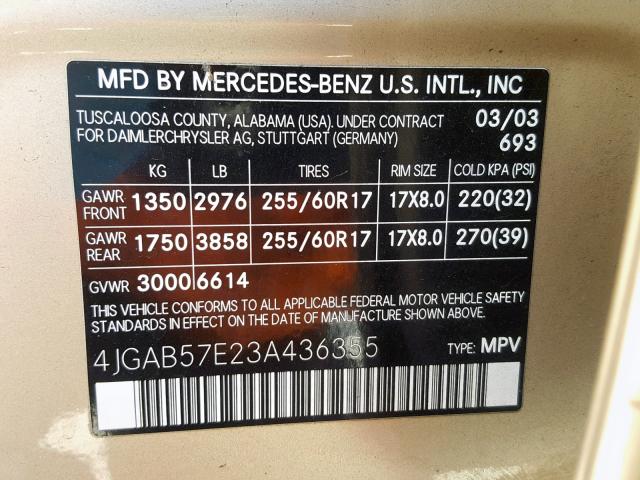 4JGAB57E23A436355 - 2003 MERCEDES-BENZ ML 350 GOLD photo 10