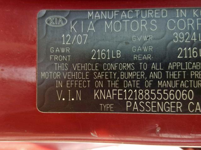 KNAFE121885556060 - 2008 KIA SPECTRA EX RED photo 10