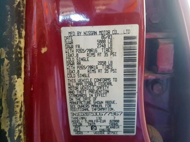 5N1ED28T53C677967 - 2003 NISSAN XTERRA XE RED photo 10