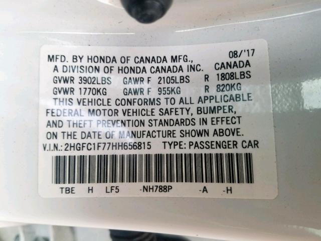 2HGFC1F77HH656815 - 2017 HONDA CIVIC EXL WHITE photo 10