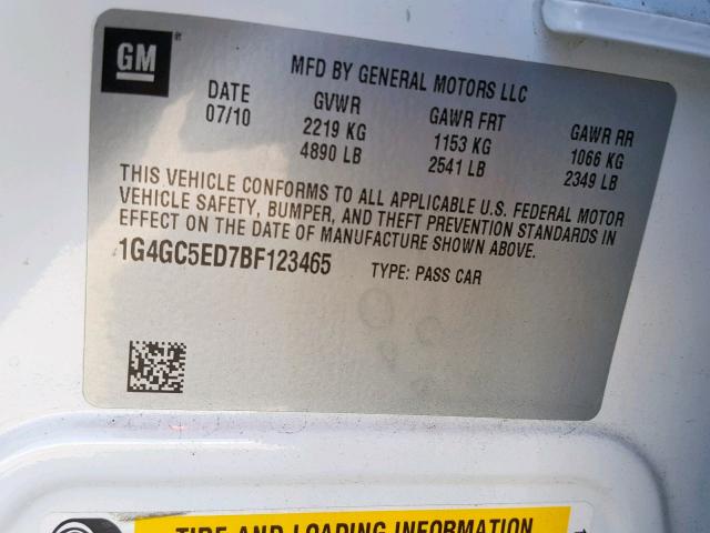 1G4GC5ED7BF123465 - 2011 BUICK LACROSSE C WHITE photo 10