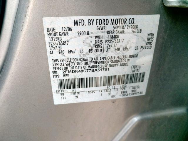 2FMDK48C77BA51761 - 2007 FORD EDGE SEL SILVER photo 10