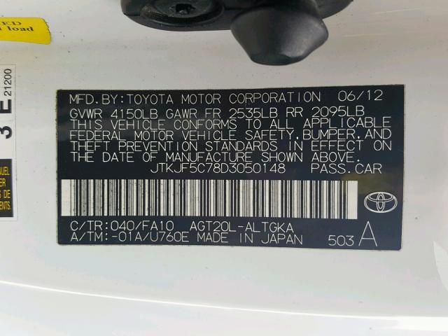 JTKJF5C78D3050148 - 2013 TOYOTA SCION TC WHITE photo 10