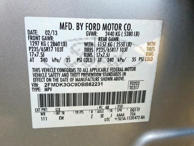 2FMDK3GC9DBB82231 - 2013 FORD EDGE SE SILVER photo 10