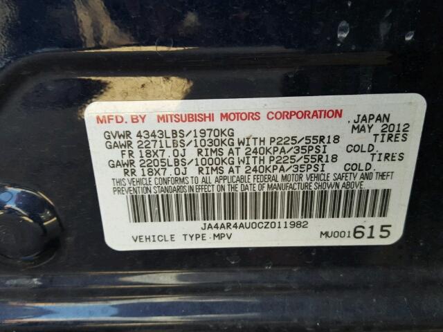 JA4AR4AU0CZ011982 - 2012 MITSUBISHI OUTLANDER BLUE photo 10