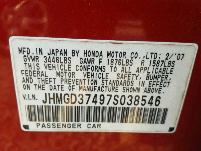 JHMGD37497S038546 - 2007 HONDA FIT RED photo 10